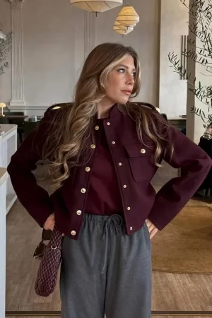 HH Women Vintage Wine Red Coat O Neck Long Sleeve Single Breasted Jacket With Pockets Autumn Casual Office Lady Outerwear