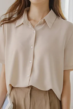 Classic Solid Color Short Sleeve Shirt Women Simple Single Breasted Casual Tops for Woman Summer Elegant White Button Up Shirt