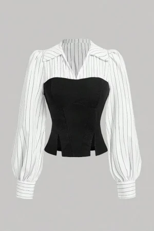 Women Elegant Striped Shirt Business Casual Office Blouse with Lapel Spliced Design Fashion Slim Fit Work Shirt