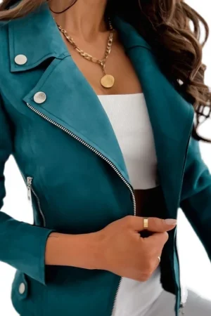 Women's Slim-fit Short Lapel Zipper Jacket Suede Spring Autumn Coat Fashionable Casual Outerwear