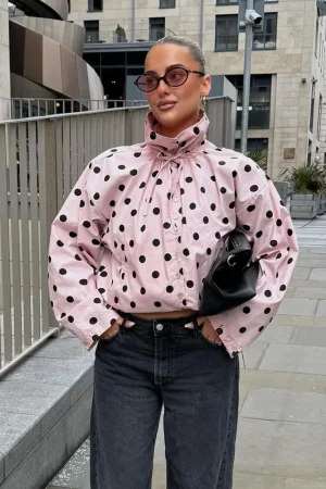 HH Women Spring Loose Jacket Pink Polka Dot Long Sleeve Single Breasted Decoration Jacket Female Fashion Street Style Short Coat