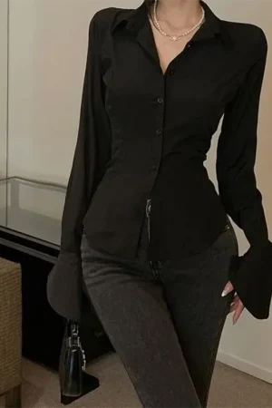 Black Bell Sleeve Top Vintage Blouses Corset White Shirt Women Long Sleeve Gothic Lolita Flared Korean Style Sexy Blouse