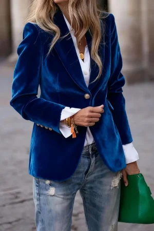 Women's Casual Long Sleeve Solid Short Jackets Winter Elegant Button Velvet Slim Fit Overcoat Autumn Fashion Lapel Blazer Coats