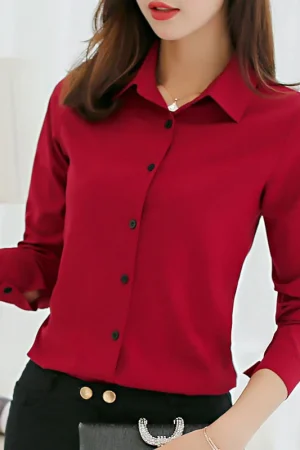 Korean Slim Long Sleeve Blouses Women All-Match Simple Solid Color Office Ladies Shirts Single-Breasted Turn Down Collar Blusas