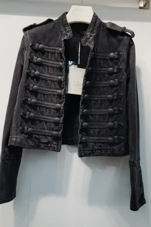 Vintage Black Stand Collar Denim Jacket Spring Autumn Women Casual Cowboy Outerwear Slim Short Cardigan Jeans Jacket Coat Female