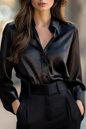 2025 Spring and Autumn Women's Lapel Shirt Brown Button Cardigan Top Black Elegant Fashion Office Basic Blouses for Female