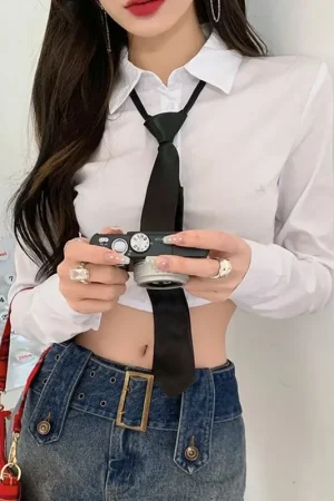 Lucyever Korean White Cropped Shirt for Women Sexy Slim Preppy Style Jk Tie Blouses Woman 2025 Spring New Long Sleeve Shirts