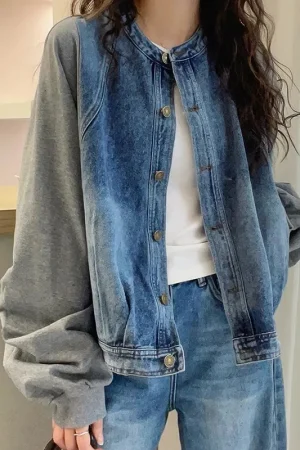 Harajuku Y2K Patchwork Denim Jacket Women O Neck Loose Casual Classic Coat Long Sleeve Single Breasted Rockabilly Baseball Jacke