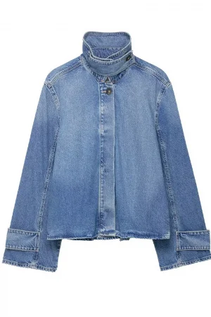 HH Women Spring New Fashion Versatile High Collar Loose Denim Jacket Female High Street Casual Single Breasted Long Sleeve Coat