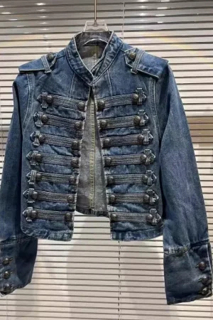 Spring Autumn Vintage Blue Slim Short Jeans Jacket Women Stand Collar Multi-breasted Design Long Sleeve Denim Jacket Streetwear