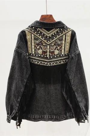 Handwork Rivet Tassel Embroidery Denim Jacket Women Outerwear Streetwear Loose Chaquetas Mujer Black Jeans Jacket Coats Female
