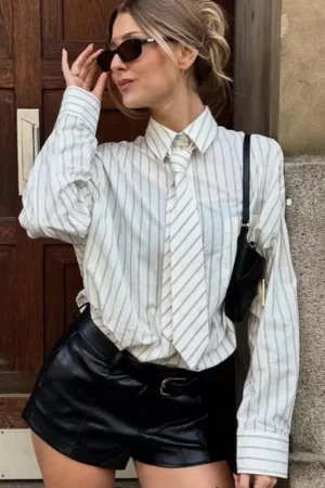 Boyfriend Style Striped Loose Full Sleeve White Shirts Women Casual Single Breasted Shirt With Tie 2025 Autumn New Women Tops