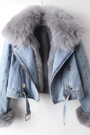 Women Faux Fox Fur Collar Jean Coat Winter Denim Jacket Female Short Warm Parkas Rabbit Hair Lining Outwear Fashion Overcoat