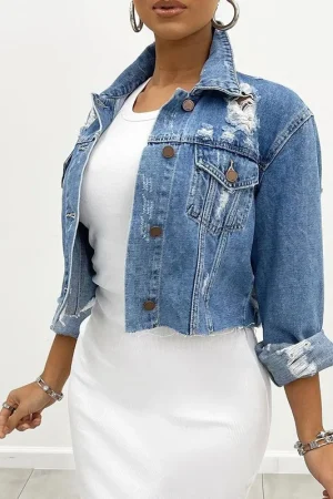 Women's Short Denim Jacket Distressed Frayed Hem Long Sleeve Collared Streetwear Fashion